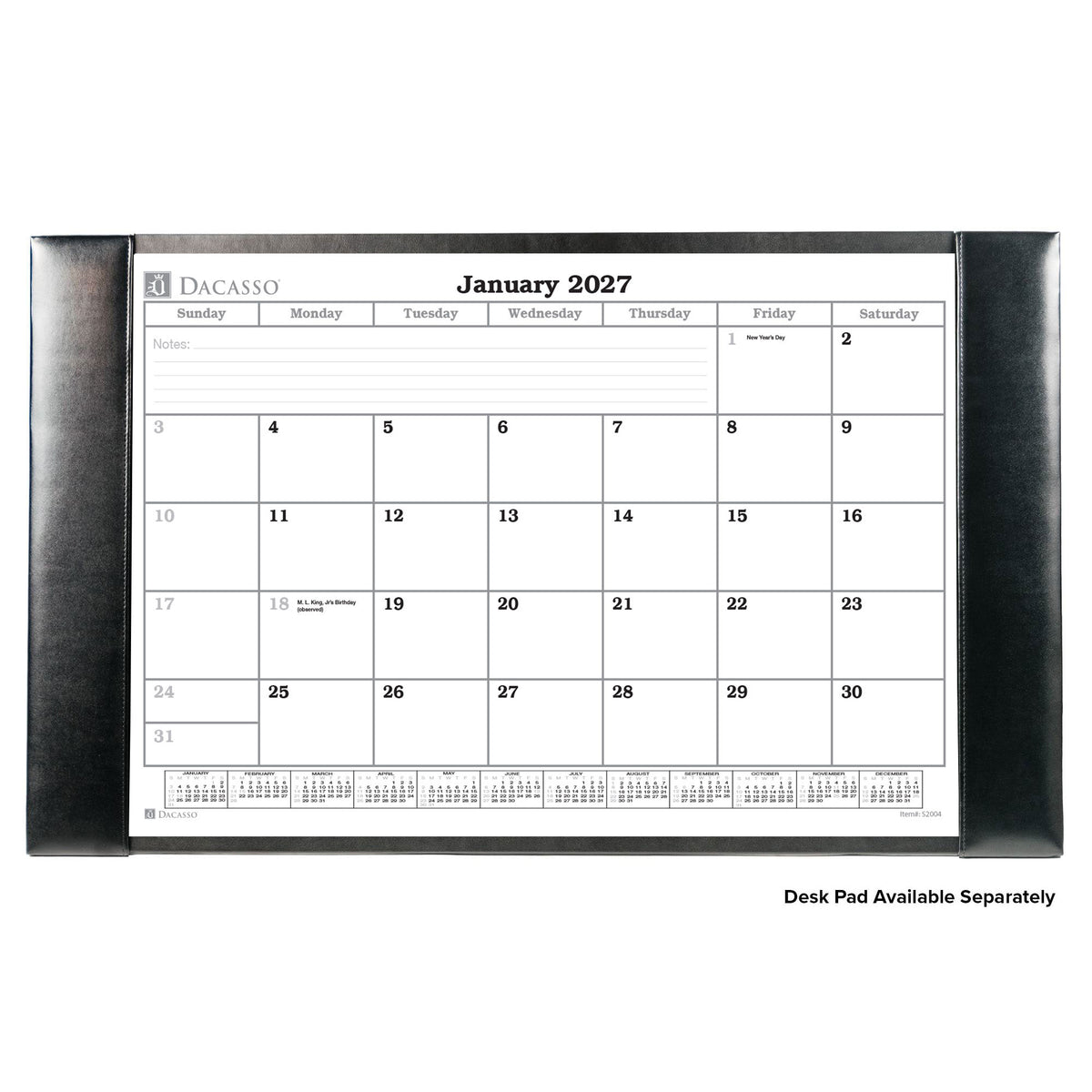Black Bonded Leather Desk Pad w/ Calendar Insert, 30 x 18