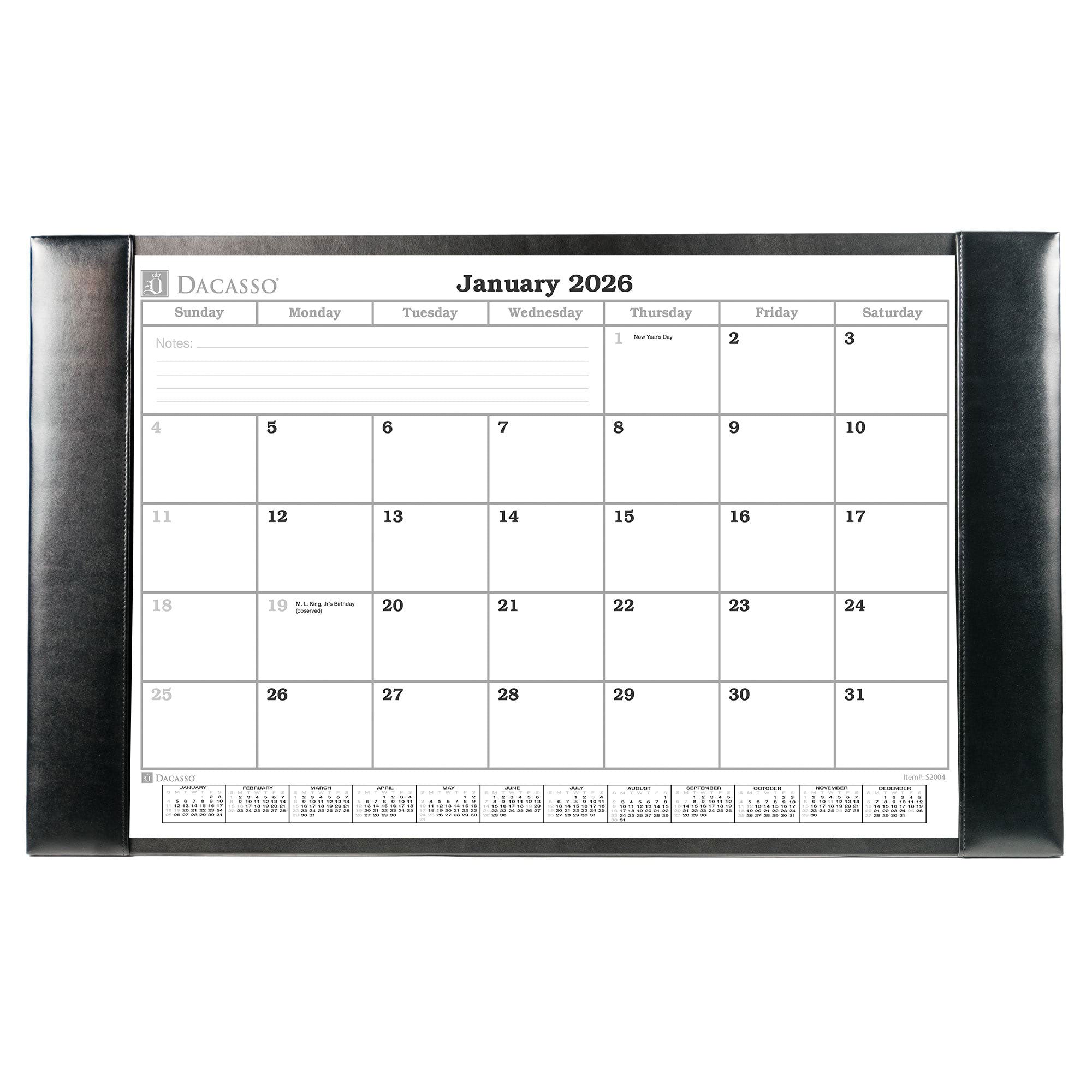 Black Bonded Leather Desk Pad w/ Calendar Insert, 30 x 18