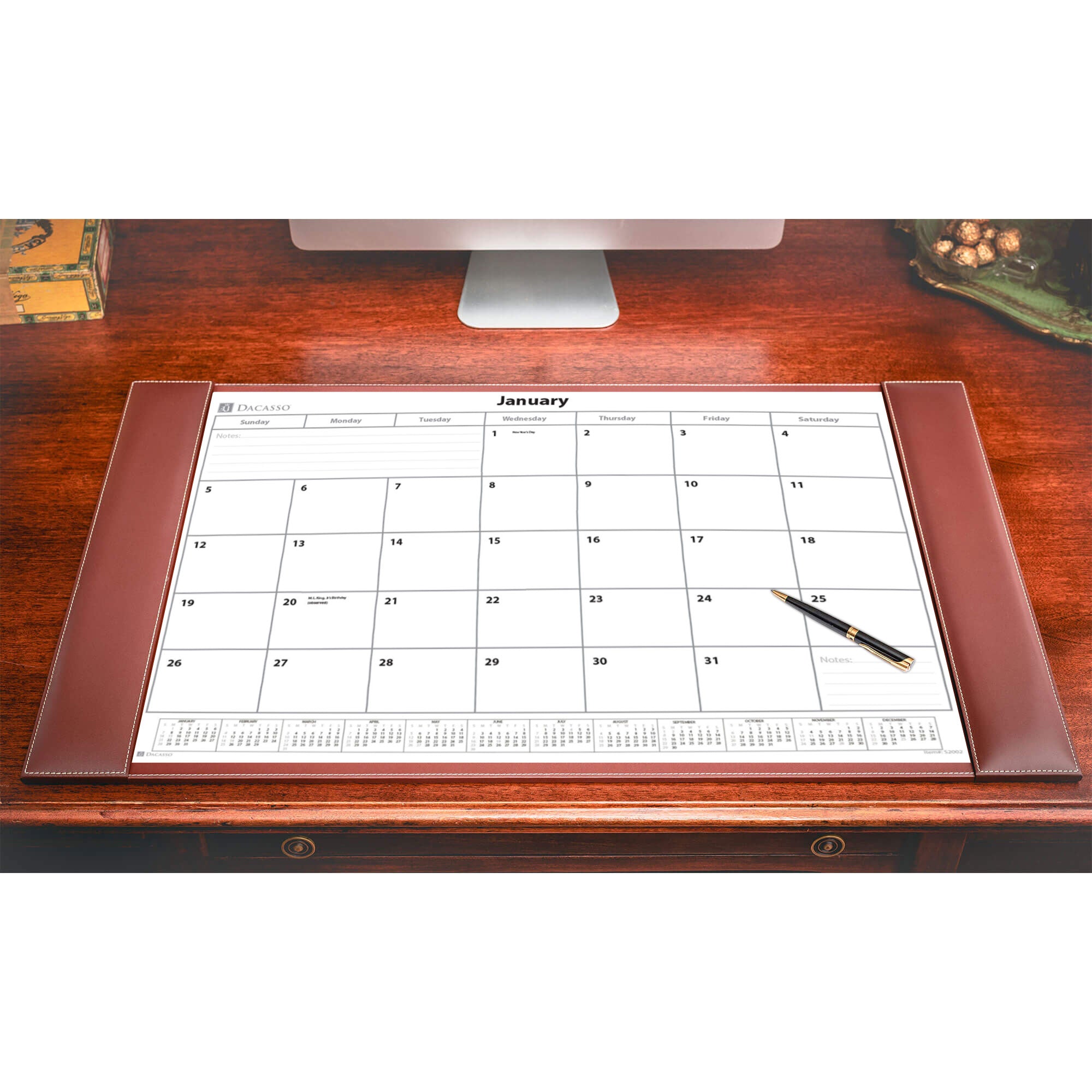 Rustic (Sienna) Brown Leather Desk Pad w/ 2025 Calendar Insert, 34 x 20