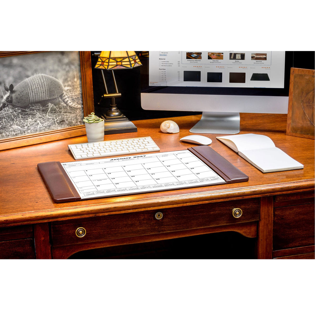 Chocolate Brown Leather Desk Pad w/ Calendar Insert, 25.5 x 17.25