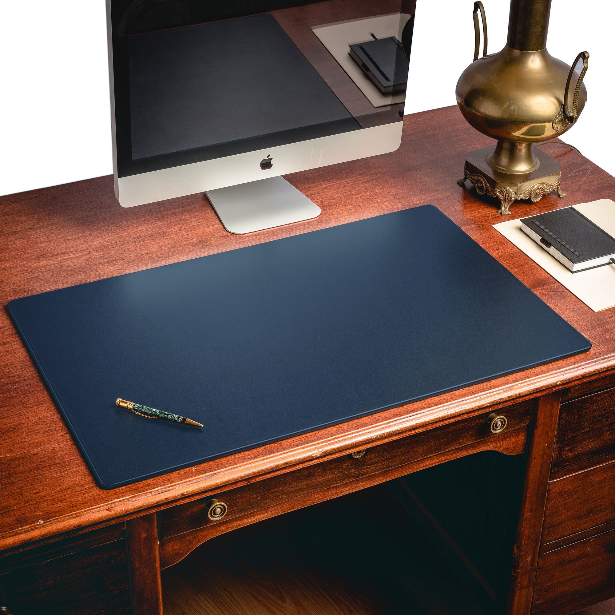 Navy Blue Leatherette Desk Pad w/out Rails, 34 x 20