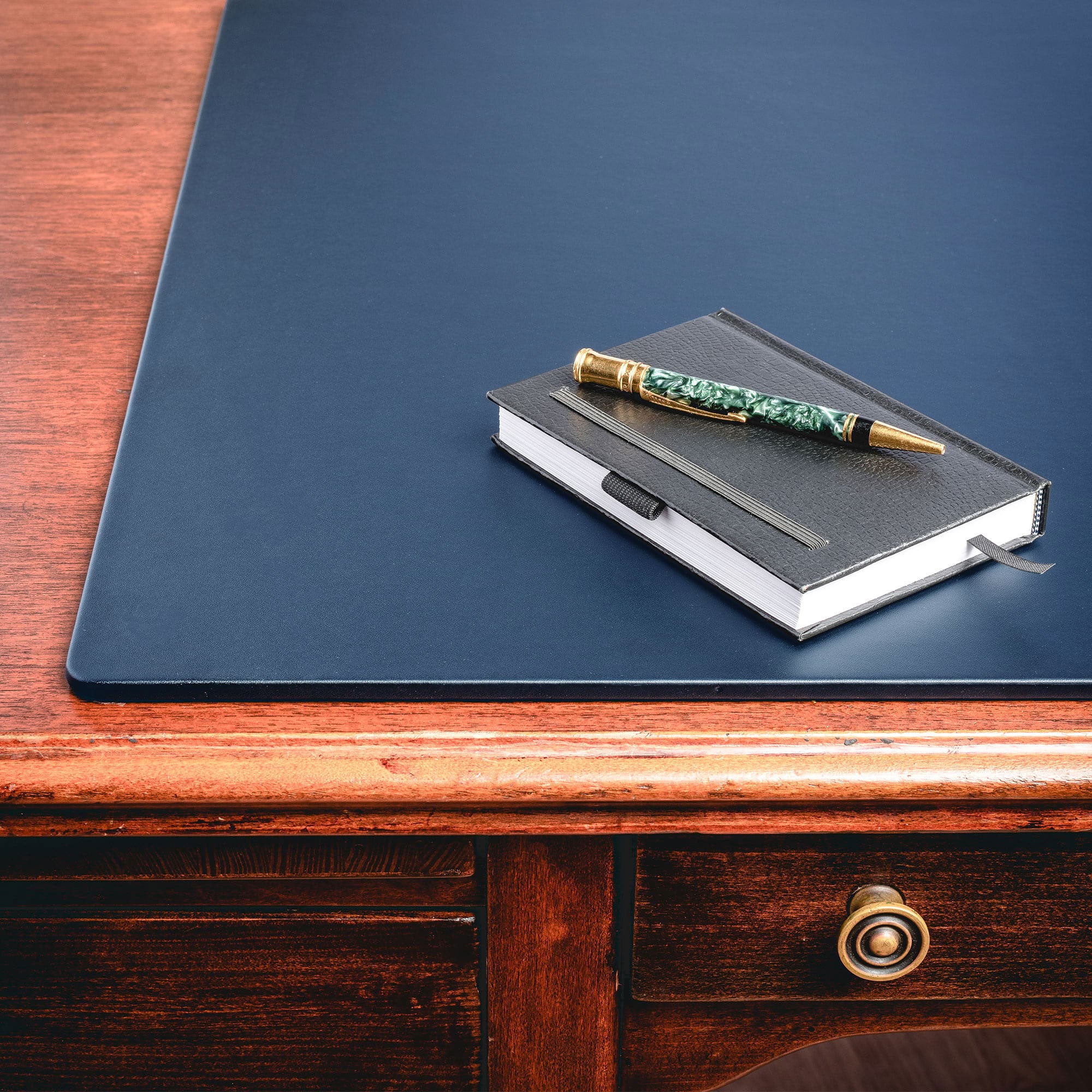 Navy Blue Leatherette Desk Pad w/out Rails, 34 x 20
