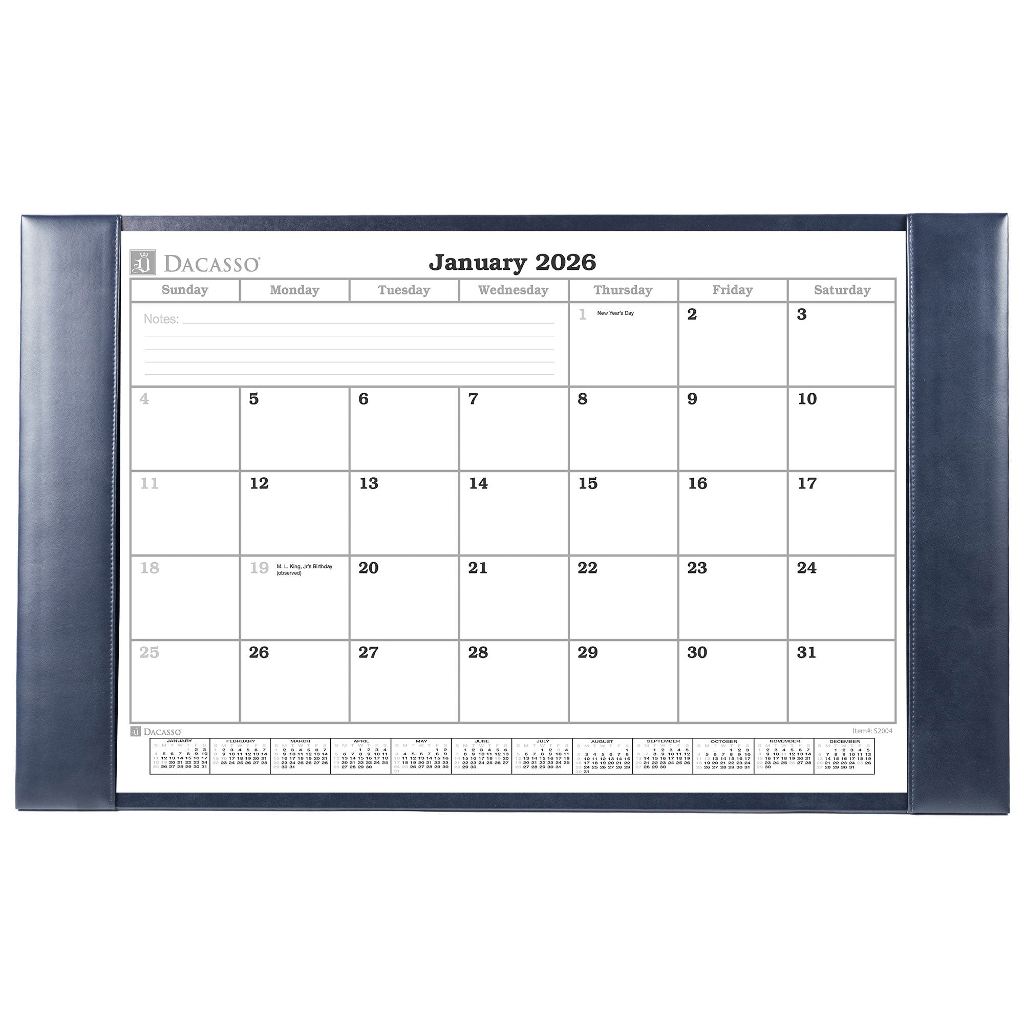 Navy Blue Bonded Leather Desk Pad w/ Calendar Insert, 30 x 18