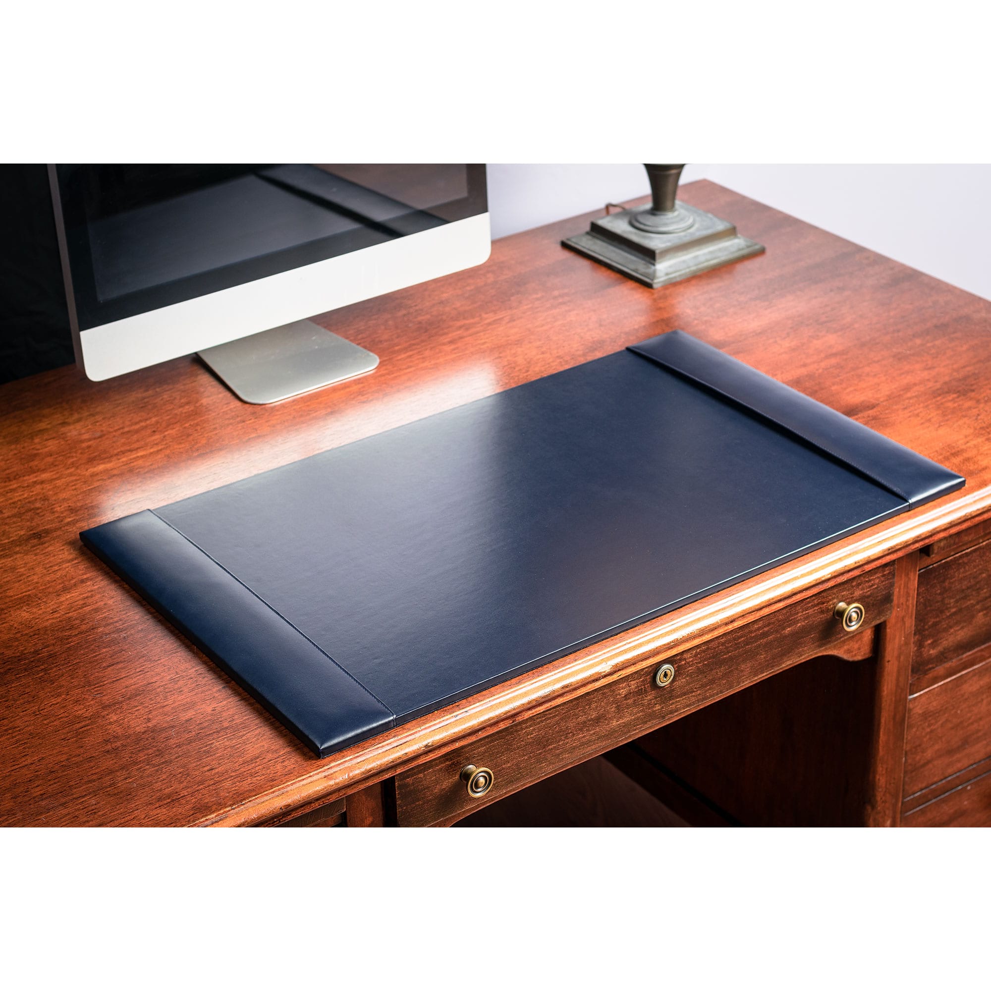 Navy Blue Bonded Leather Desk Pad w/ Calendar Insert, 30 x 18
