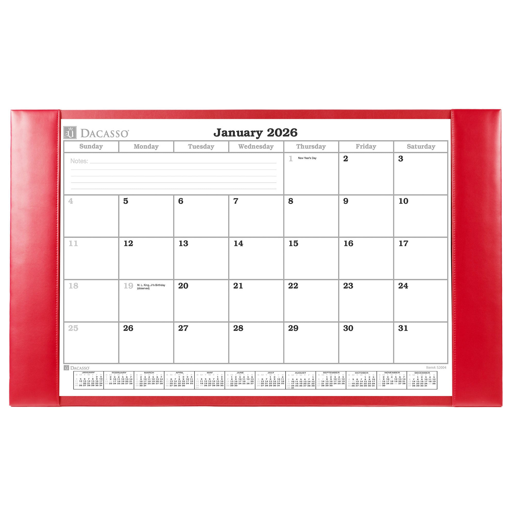 Red Bonded Leather Desk Pad W/ Calendar Insert, 30 x 18
