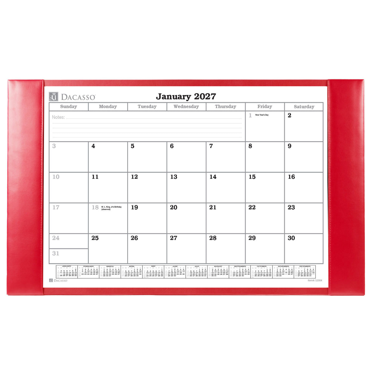 Red Bonded Leather Desk Pad W/ Calendar Insert, 30 x 18
