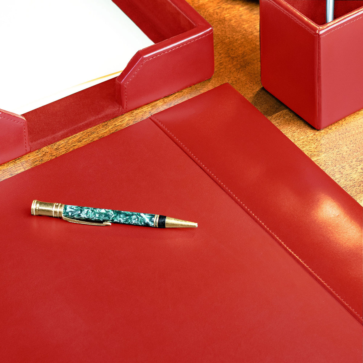 Red Bonded Leather Desk Pad W/ Calendar Insert, 30 x 18
