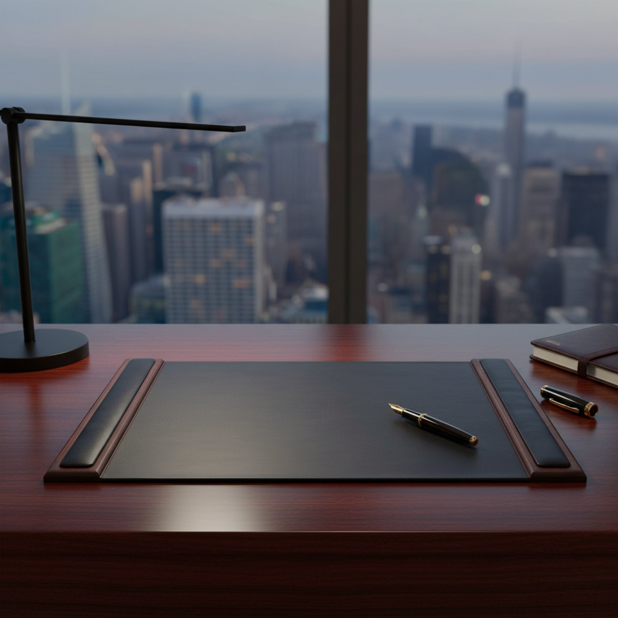 Walnut & Black Leather 25.5" x 17.25" Side-Rail Desk Pad