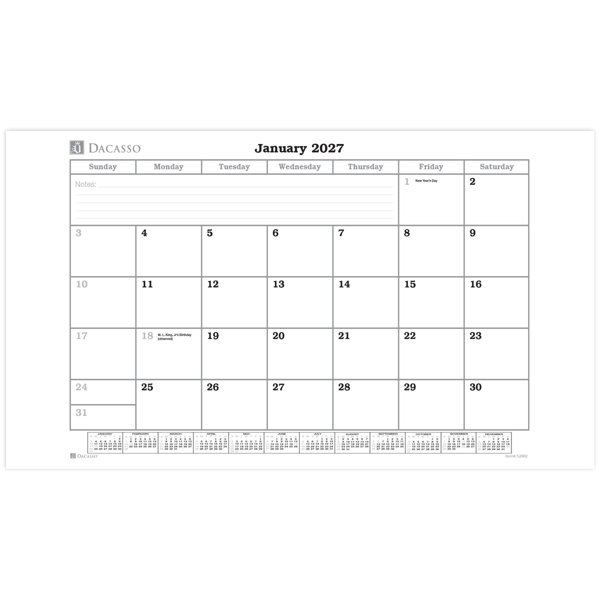 Desk Pad Monthly 2027 Calendar Insert, 32.875" x 18.875"