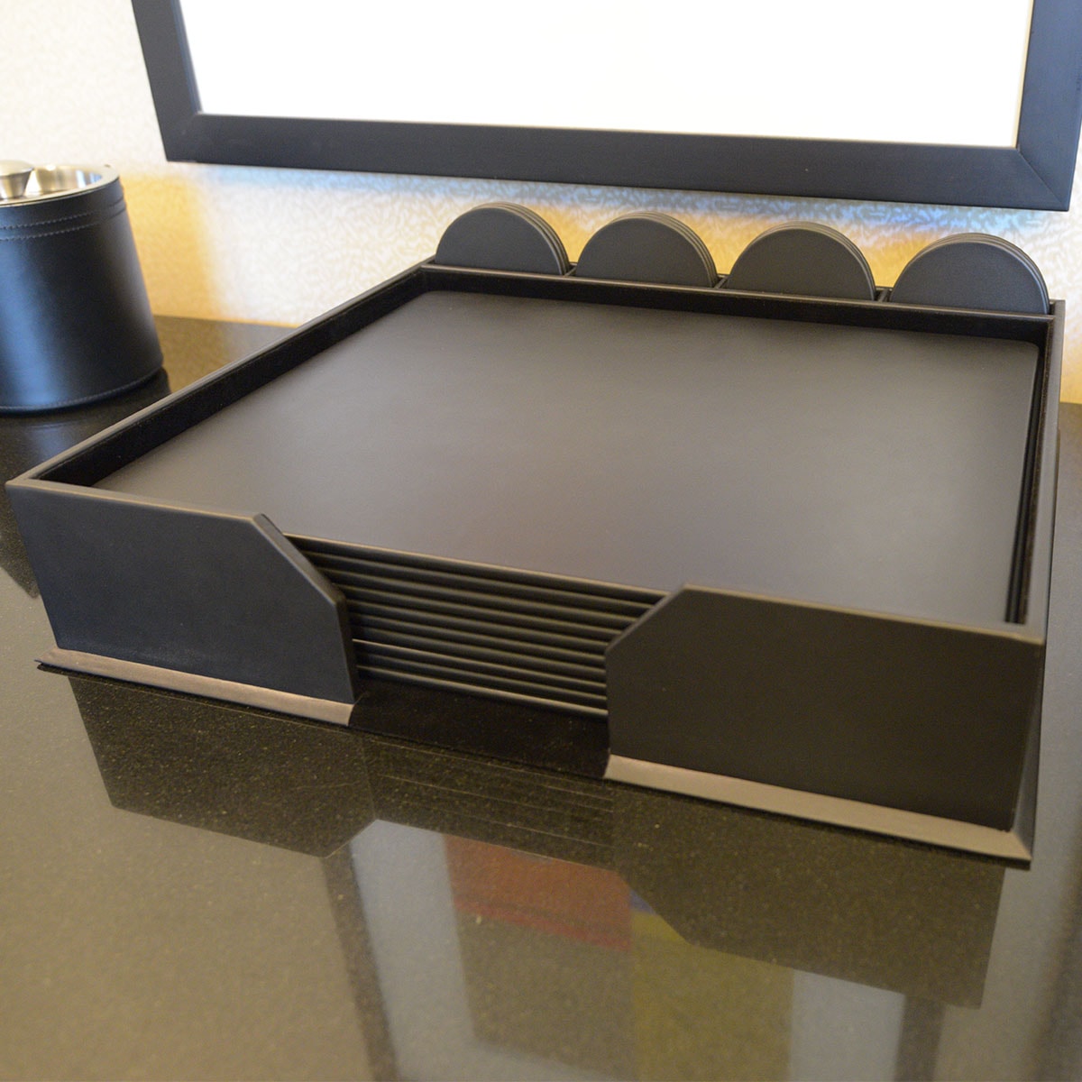 12 Seat Black Leather Conference Room Set w/ Round Coasters, 17 x 14 Size Pads