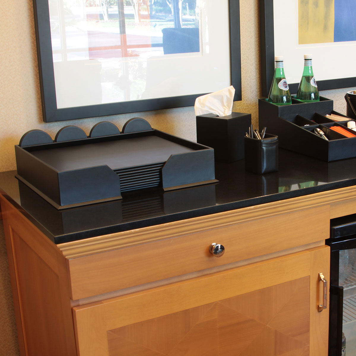 12 Seat Black Leather Conference Room Set w/ Round Coasters, 17 x 14 Size Pads