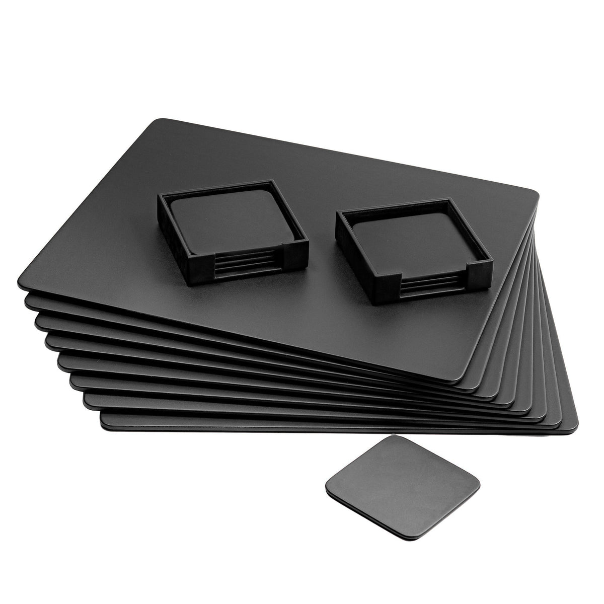 8 Seat Black Leather Conference Room Set w/ Square Coasters, 17 x 14 Size Pads