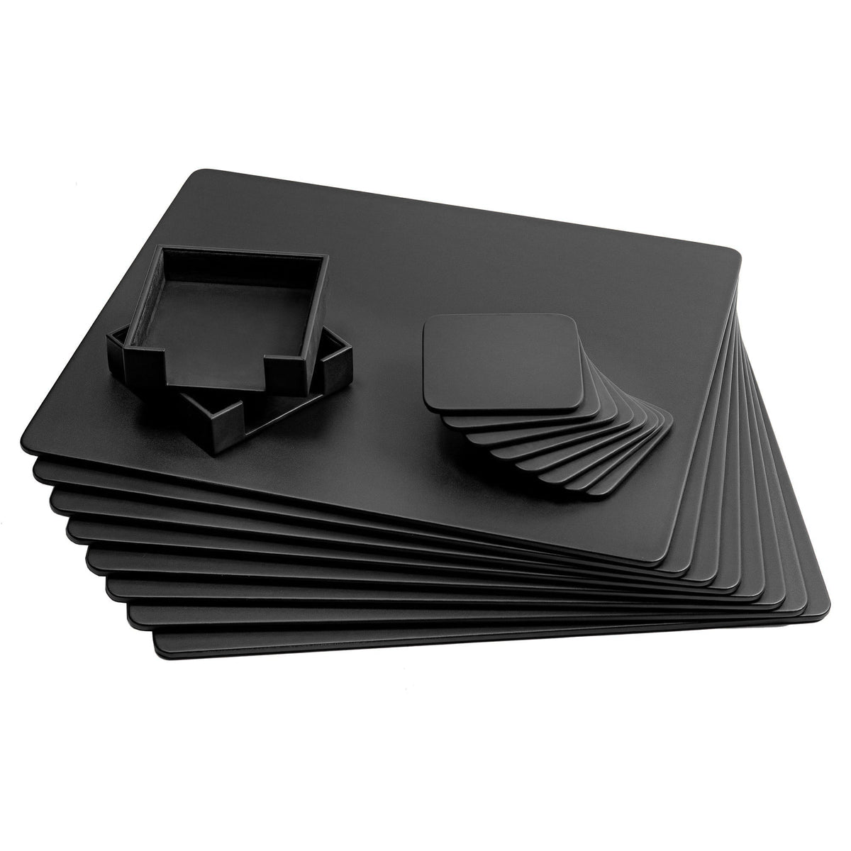 8 Seat Black Leather Conference Room Set w/ Square Coasters, 17 x 14 Size Pads