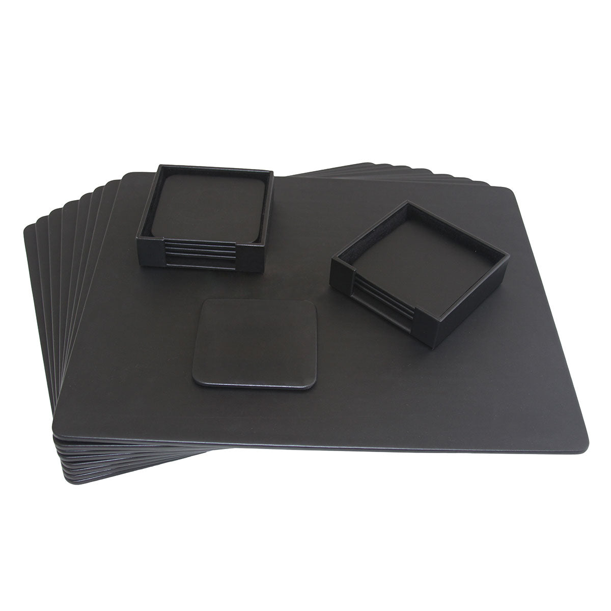 8 Seat Black Leatherette Conference Room Set w/ Square Coasters, 17 x 14 Size Pads