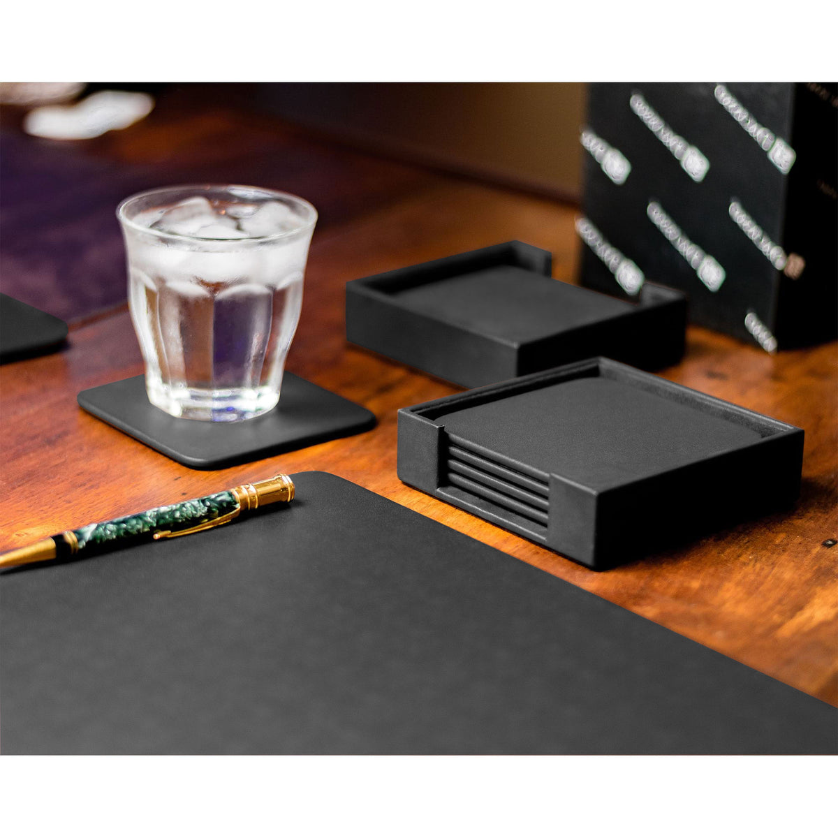 8 Seat Black Leatherette Conference Room Set w/ Square Coasters, 17 x 14 Size Pads