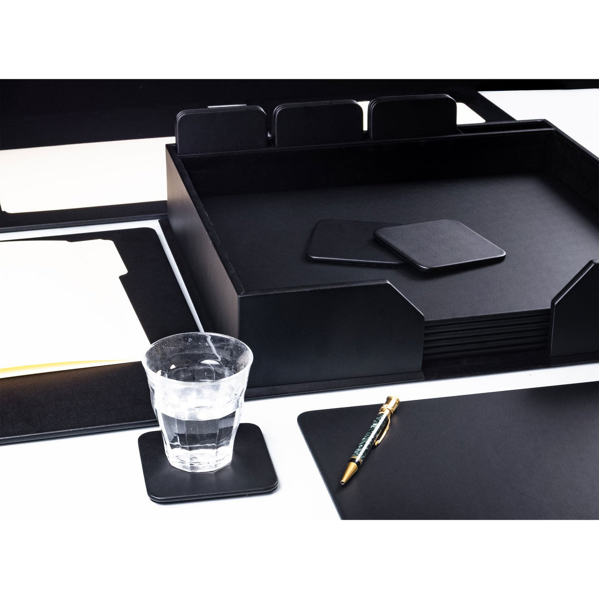 12 Seat Black Leather Conference Room Set w/ Square Coasters, 17 x 14 Size Pads