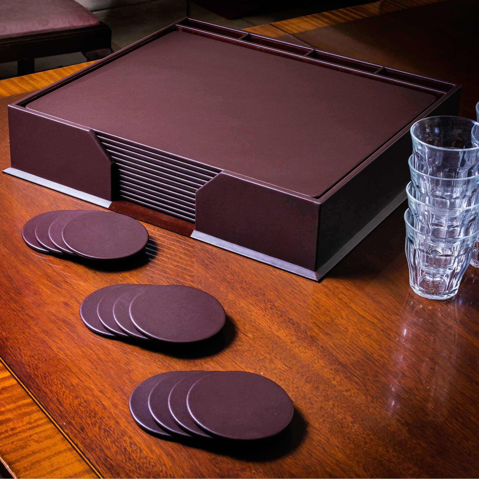 12 Seat Chocolate Brown Leather Conference Room Set w/ Round Coasters