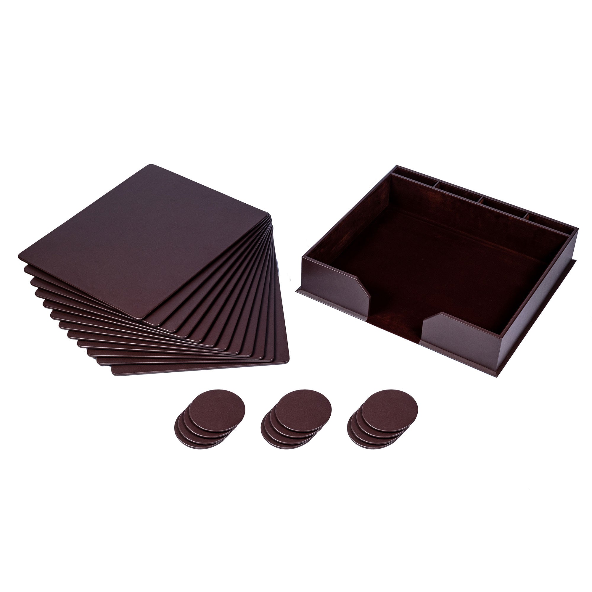 12 Seat Chocolate Brown Leather Conference Room Set w/ Round Coasters, 17 x 14 Size Pads