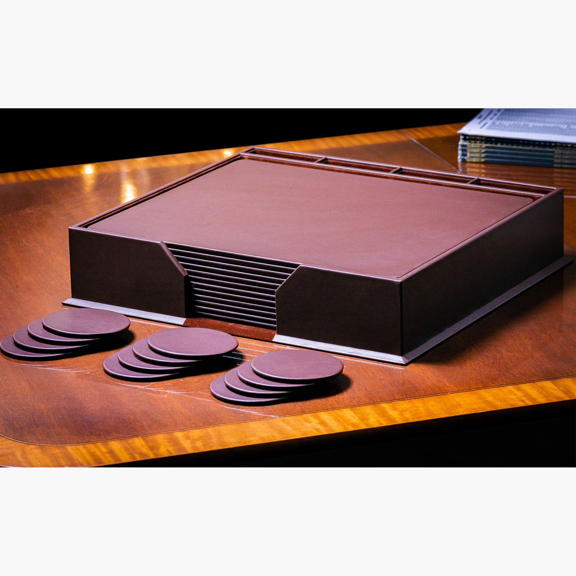 12 Seat Chocolate Brown Leatherette Conference Room Set w/ Round Coasters