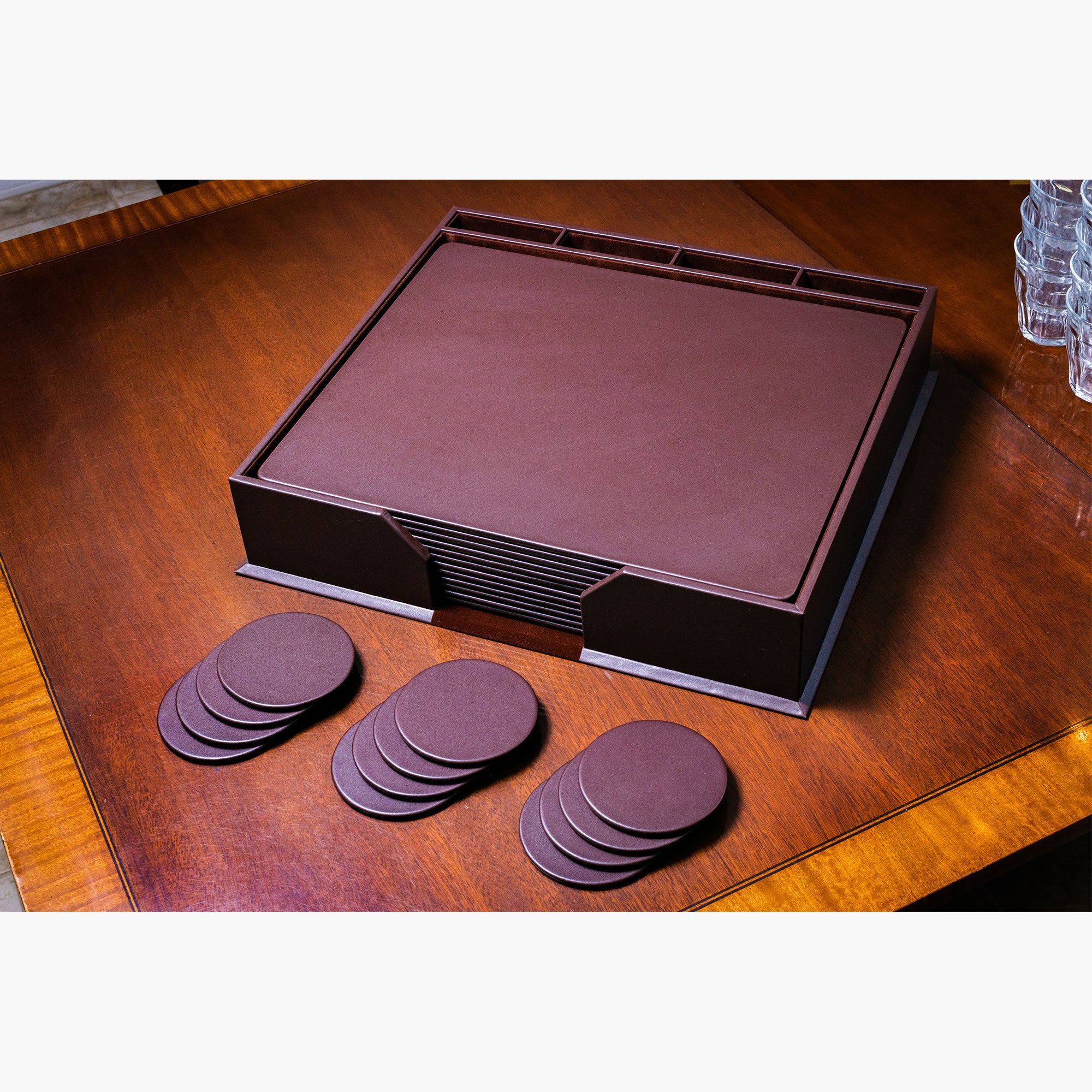 12 Seat Chocolate Brown Leatherette Conference Room Set w/ Round Coasters, 17 x 14 Size Pads