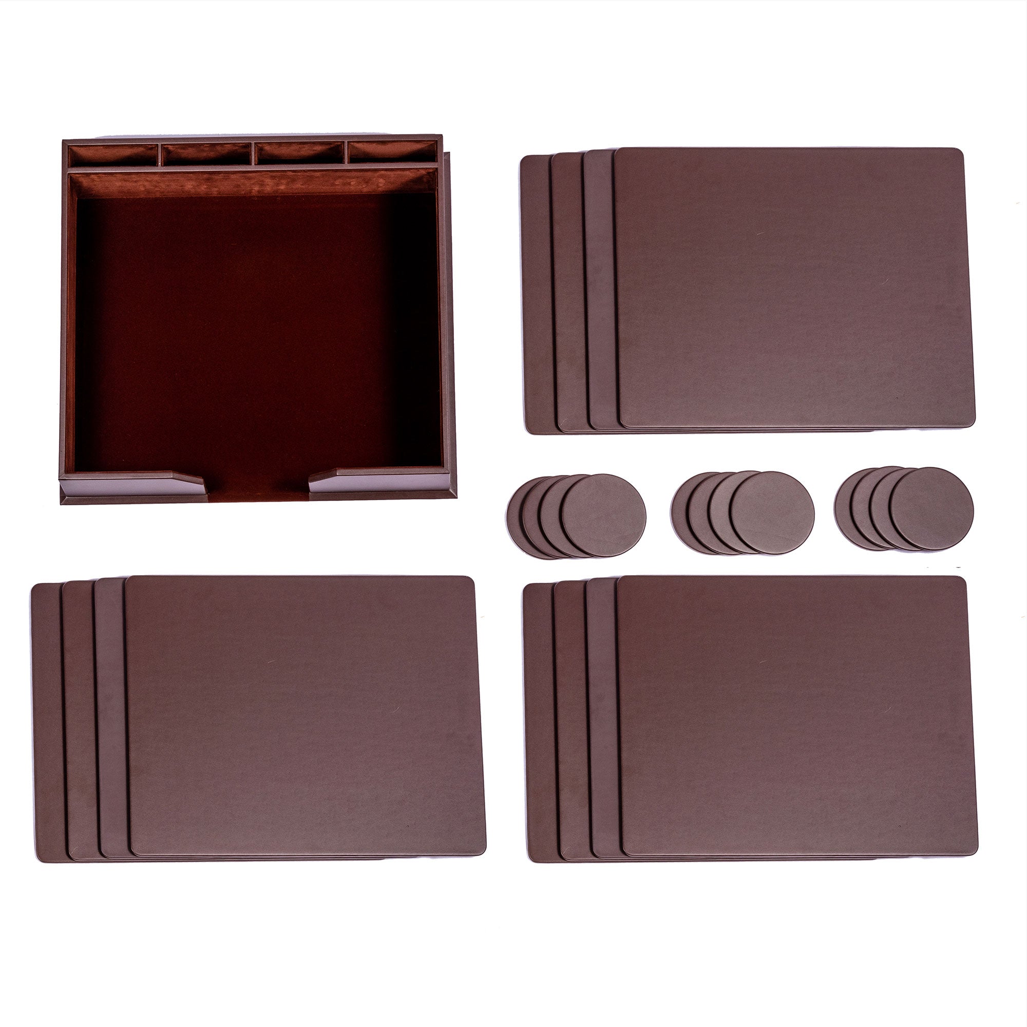 12 Seat Chocolate Brown Leatherette Conference Room Set w/ Round Coasters, 17 x 14 Size Pads