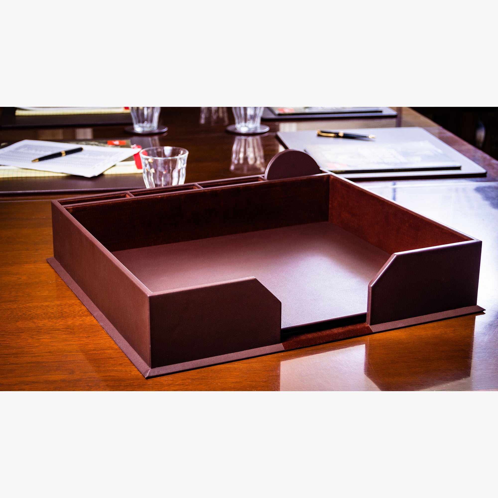 12 Seat Chocolate Brown Leatherette Conference Room Set w/ Round Coasters, 17 x 14 Size Pads