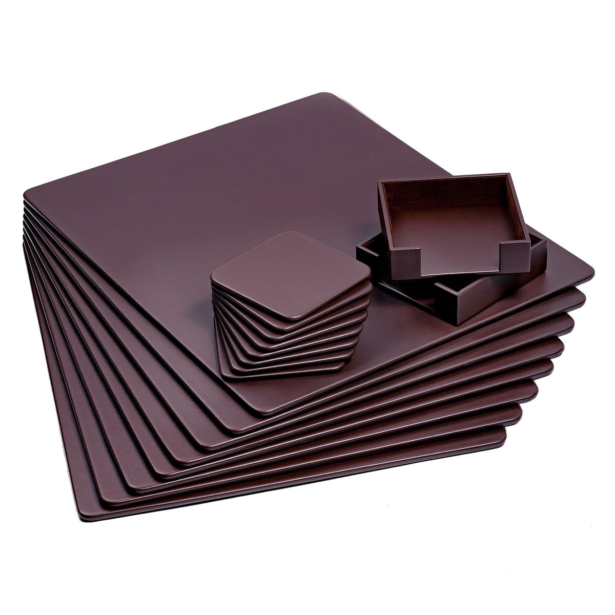 8 Seat Chocolate Brown Leather Conference Room Set w/ Square Coasters, 17 x 14 Size Pads