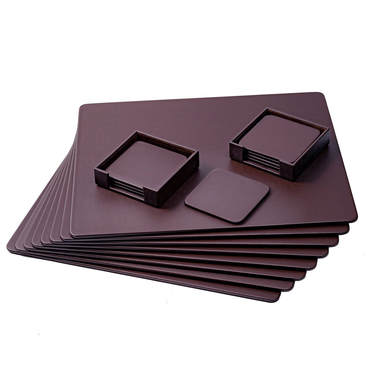 8 Seat Chocolate Brown Leatherette Conference Room Set w/ Square Coasters, 17 x 14 Size Pads