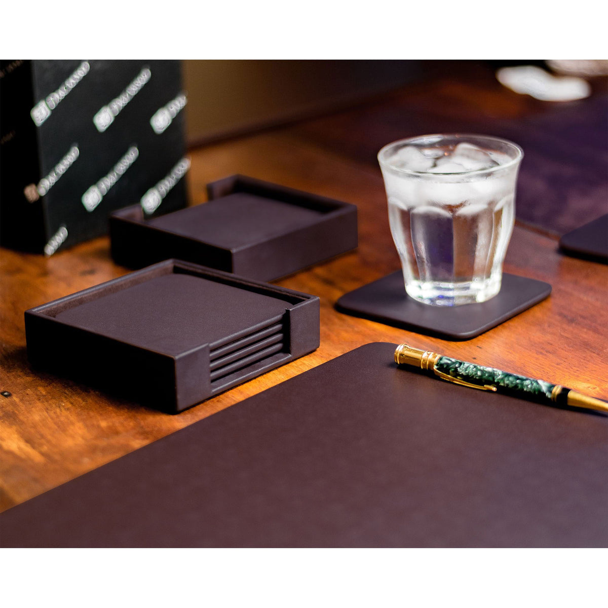 8 Seat Chocolate Brown Leatherette Conference Room Set w/ Square Coasters, 17 x 14 Size Pads
