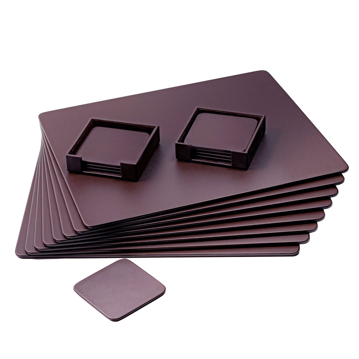 8 Seat Chocolate Brown Leatherette Conference Room Set w/ Square Coasters, 17 x 14 Size Pads