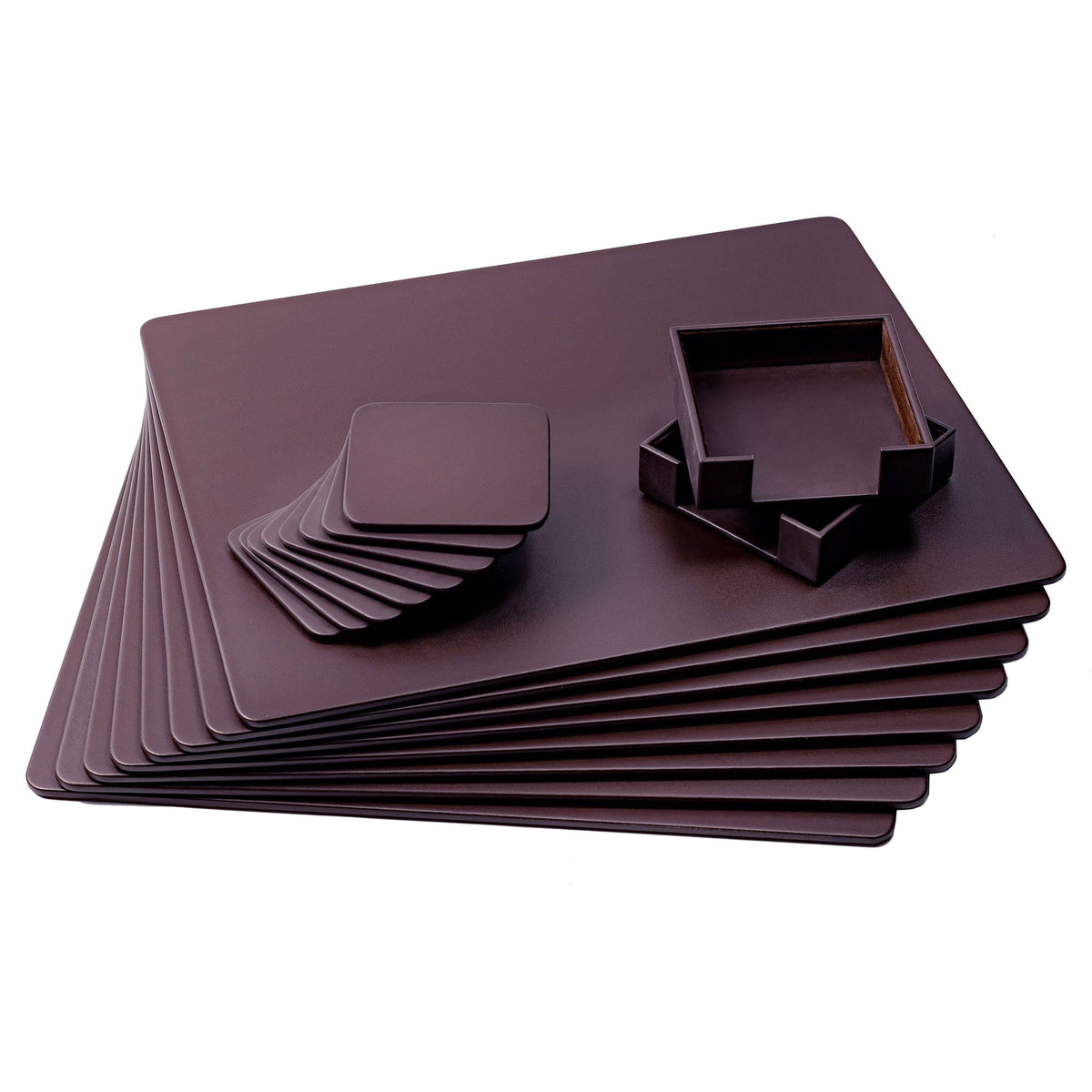 8 Seat Chocolate Brown Leatherette Conference Room Set w/ Square Coasters, 17 x 14 Size Pads