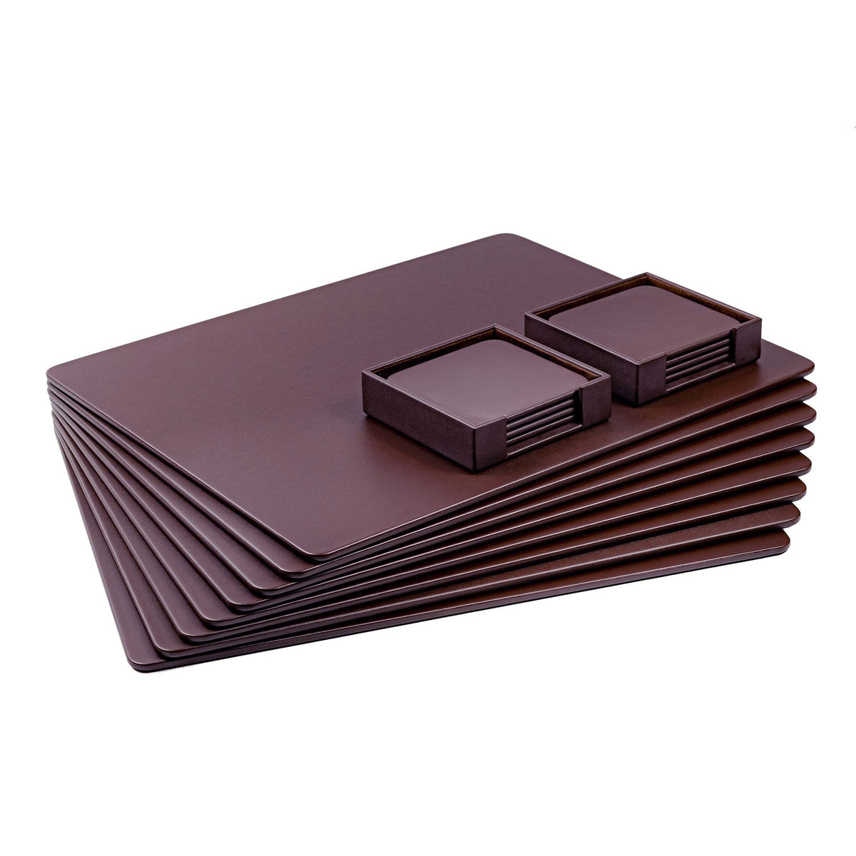 8 Seat Chocolate Brown Leatherette Conference Room Set w/ Square Coasters, 17 x 14 Size Pads
