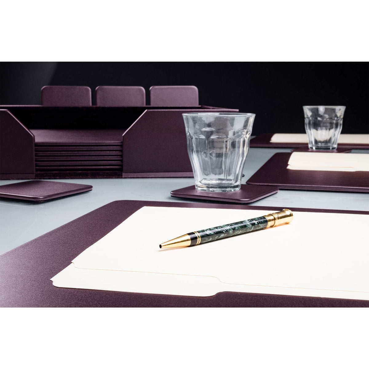 12 Seat Chocolate Brown Leather Conference Room Set w/ Square Coasters, 17 x 14 Size Pads