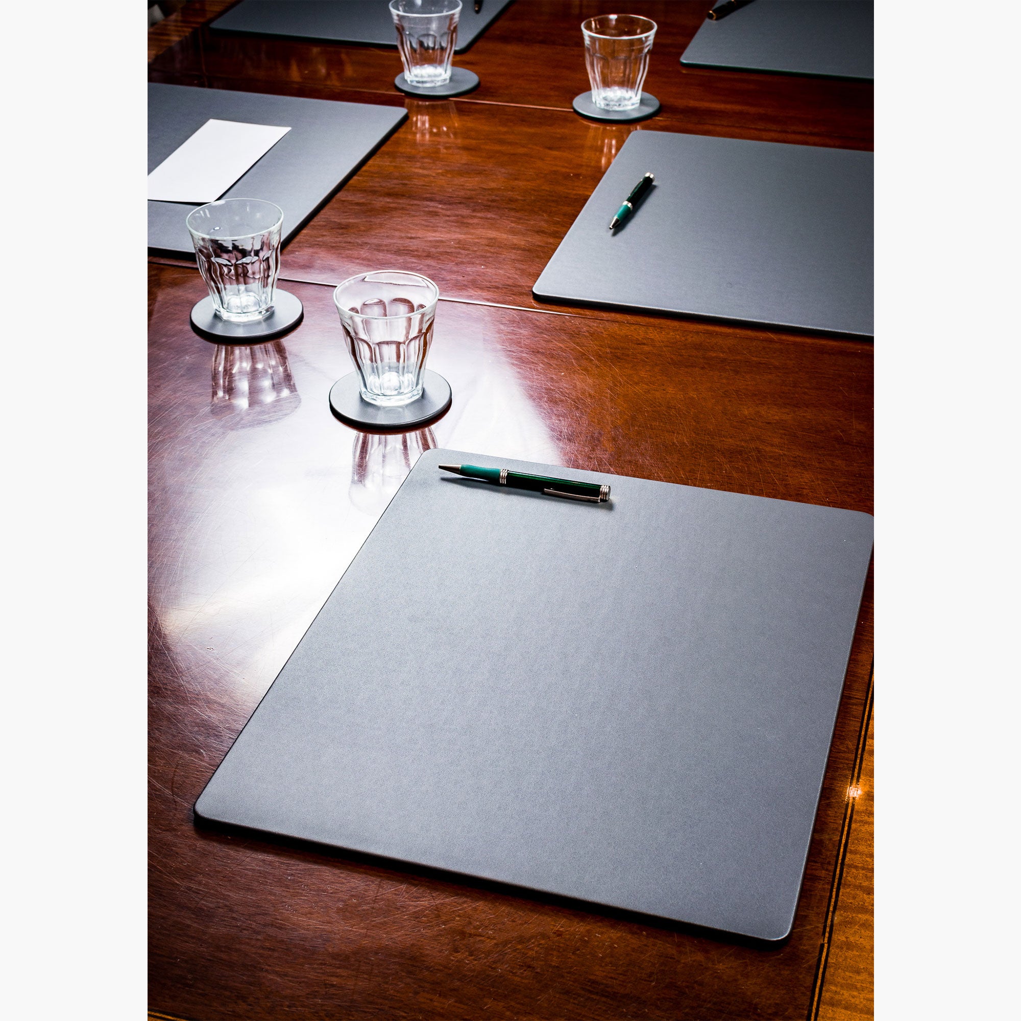 12 Seat Gray Leatherette Conference Room Set w/ Round Coasters, 17 x 14 Size Pads
