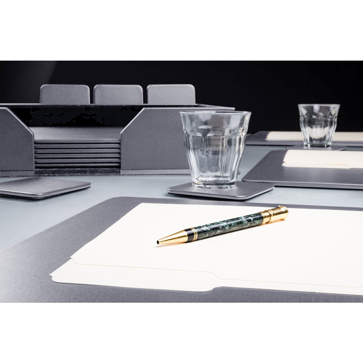 12 Seat Gray Leatherette Conference Room Set w/ Square Coasters, 17 x 14 Size Pads