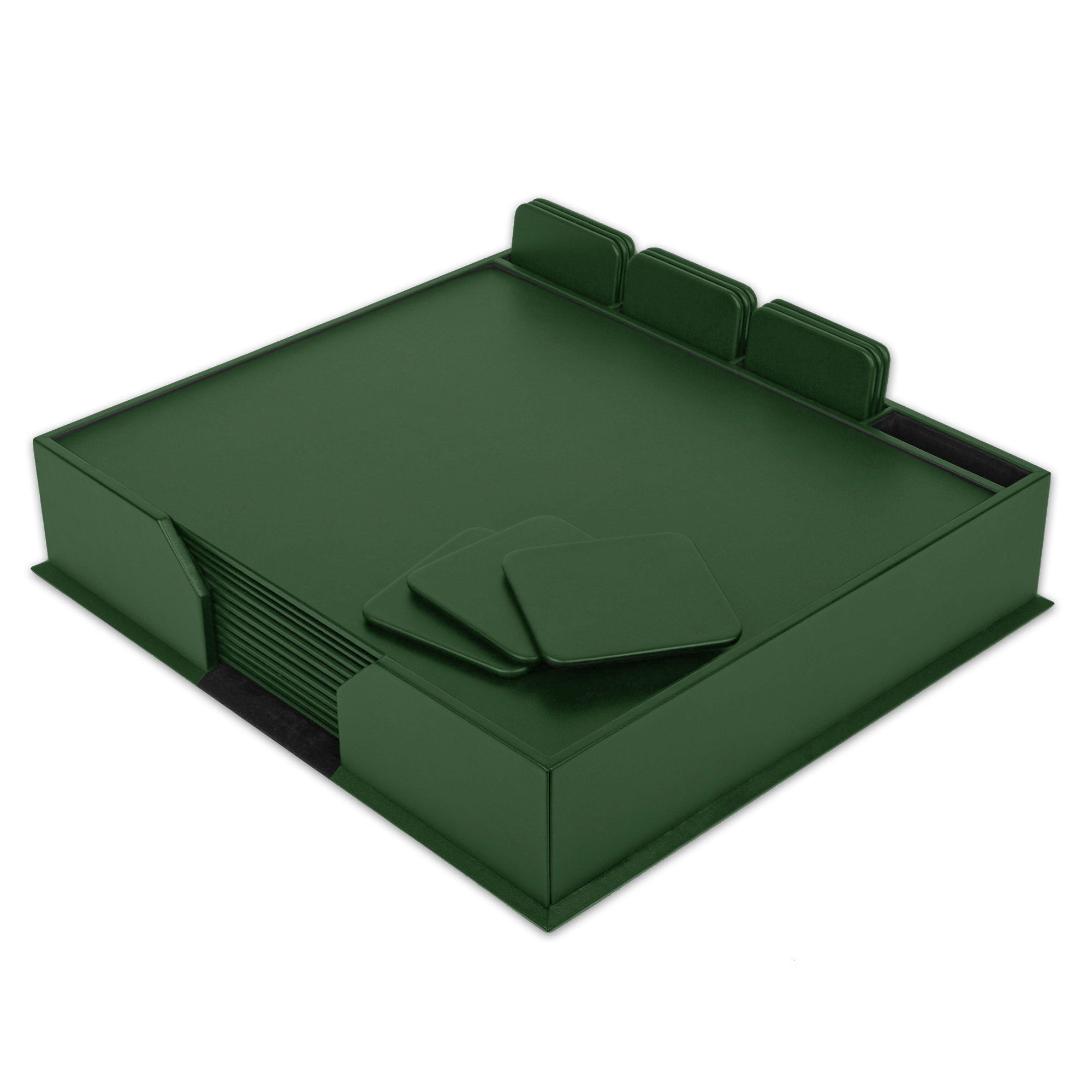 12 Seat Dark Green Leather Conference Room Set w/ Square Coasters