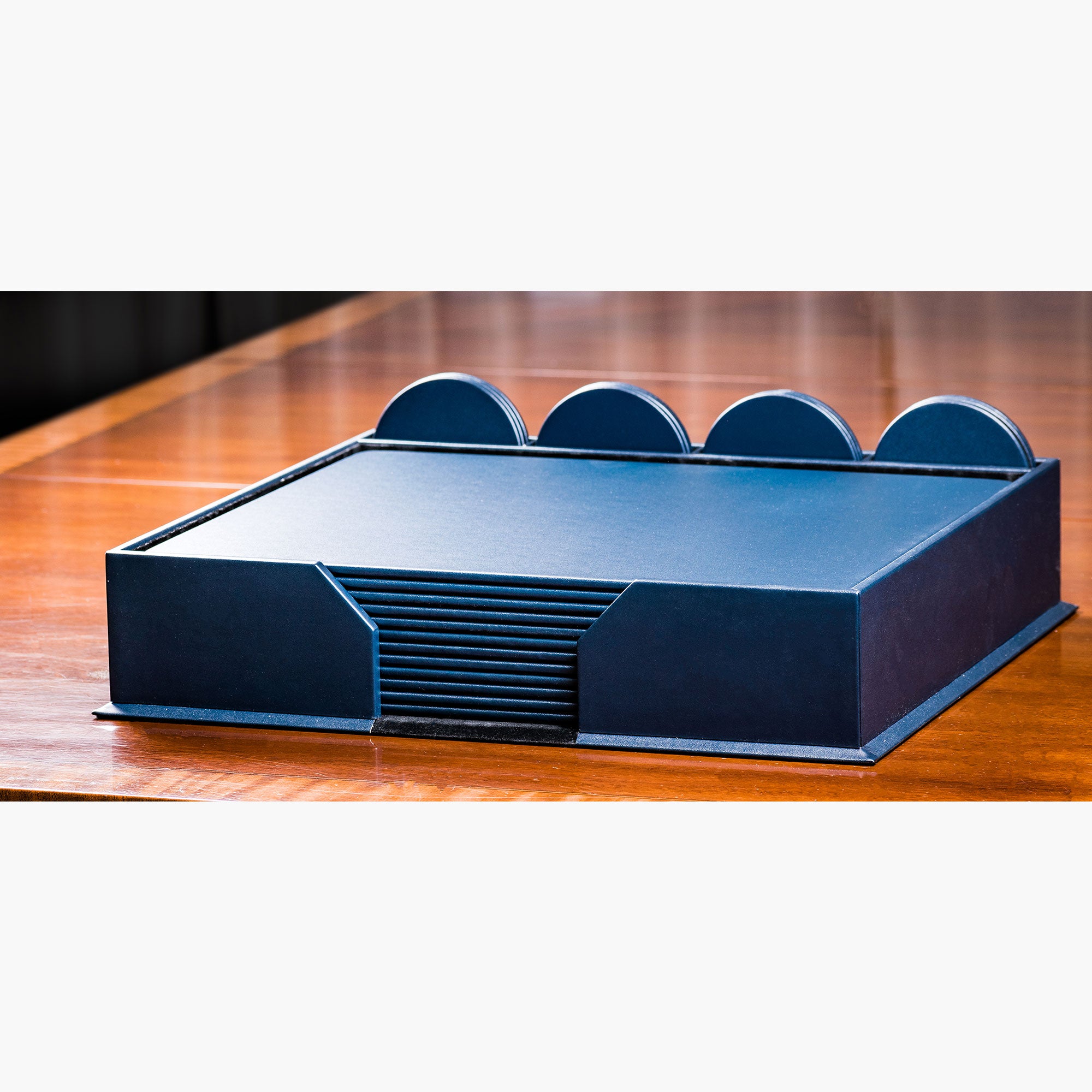 12 Seat Navy Blue Leatherette Conference Room Set w/ Round Coasters, 17 x 14 Size Pads