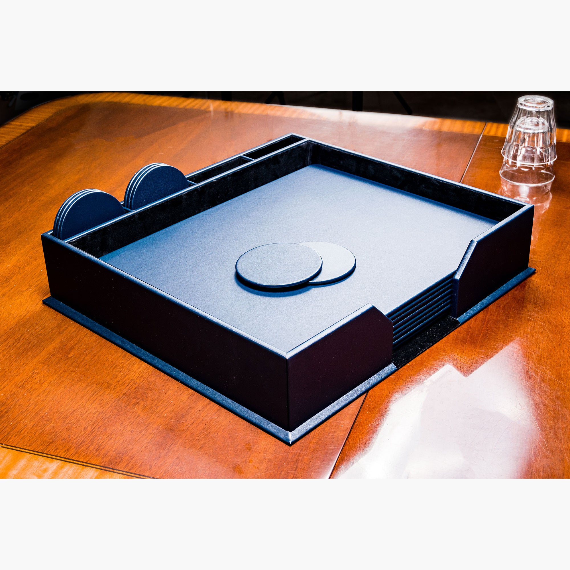 12 Seat Navy Blue Leatherette Conference Room Set w/ Round Coasters, 17 x 14 Size Pads