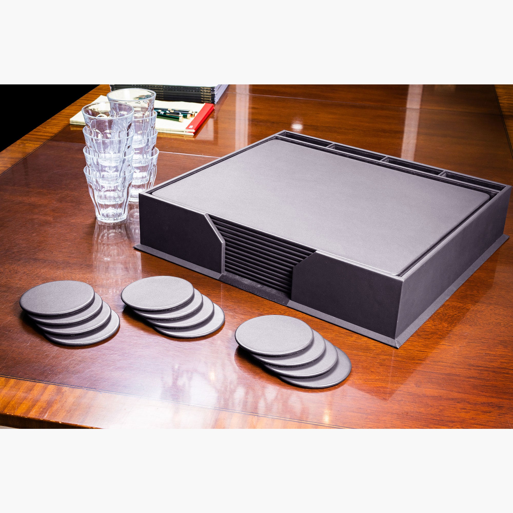 12 Seat Gray Leather Conference Room Set w/ Round Coasters