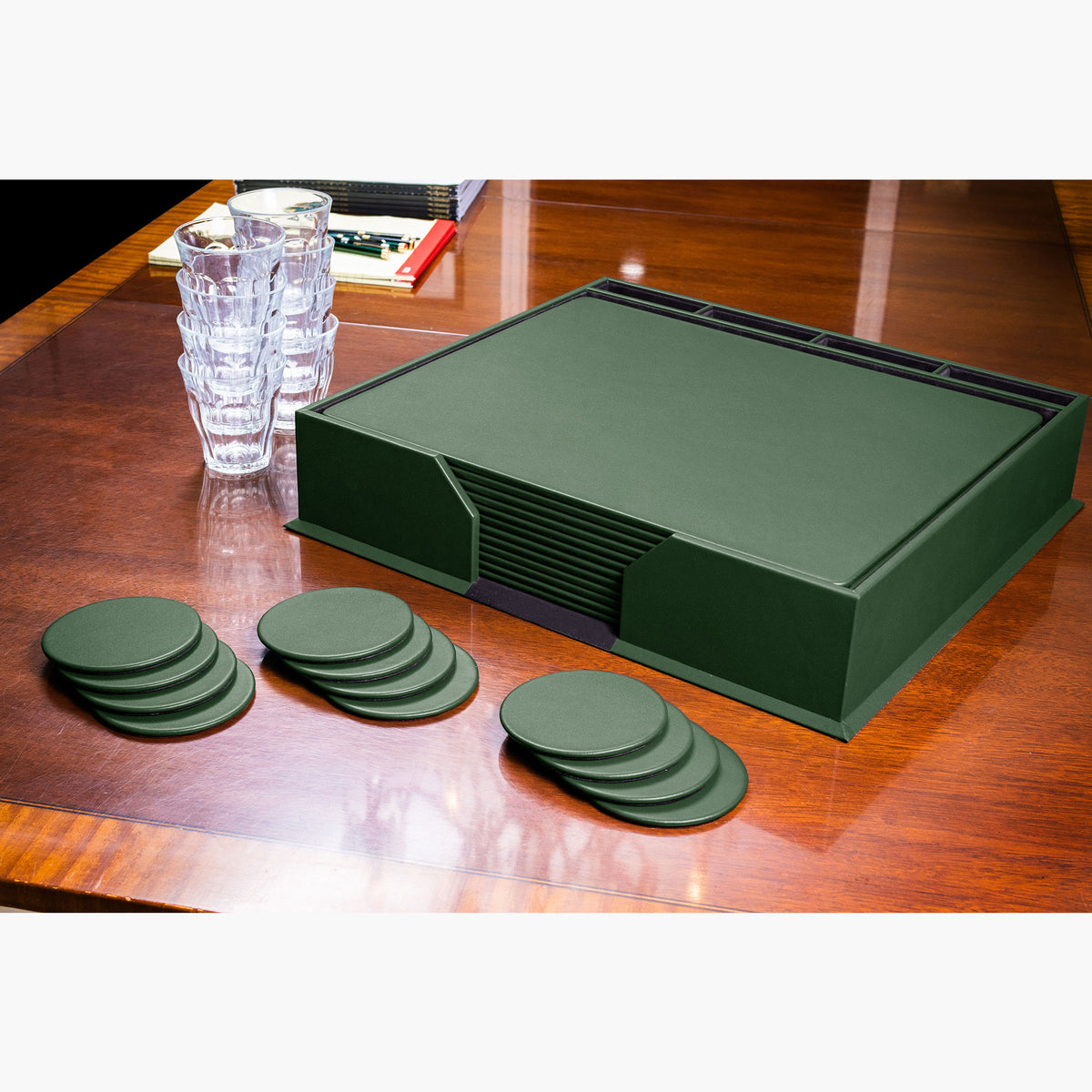 12 Seat Dark Green Leatherette Conference Room Set w/ Round Coasters, 17 x 14 Size Pads