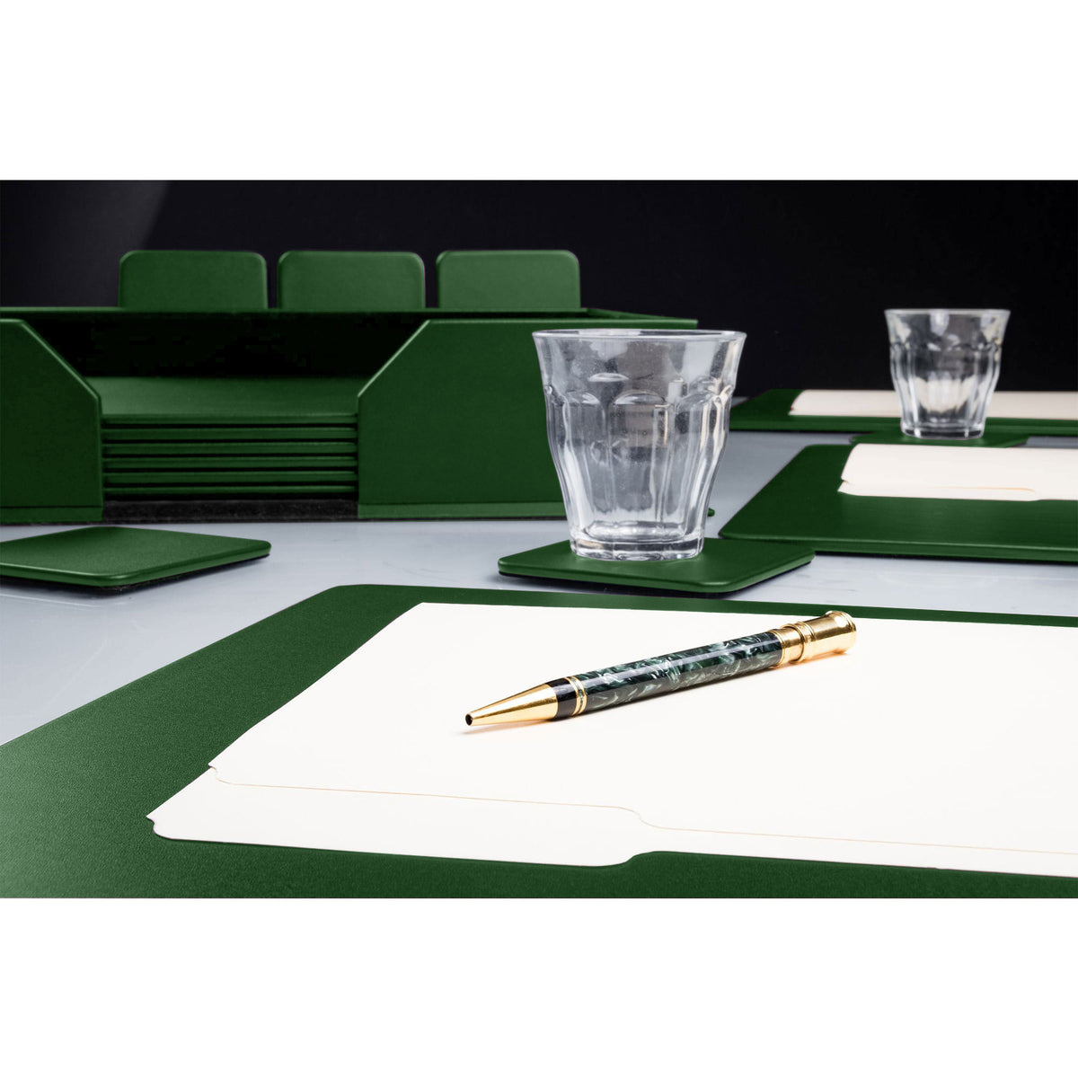 12 Seat Dark Green Leatherette Conference Room Set w/ Square Coasters, 17 x 14 Size Pads