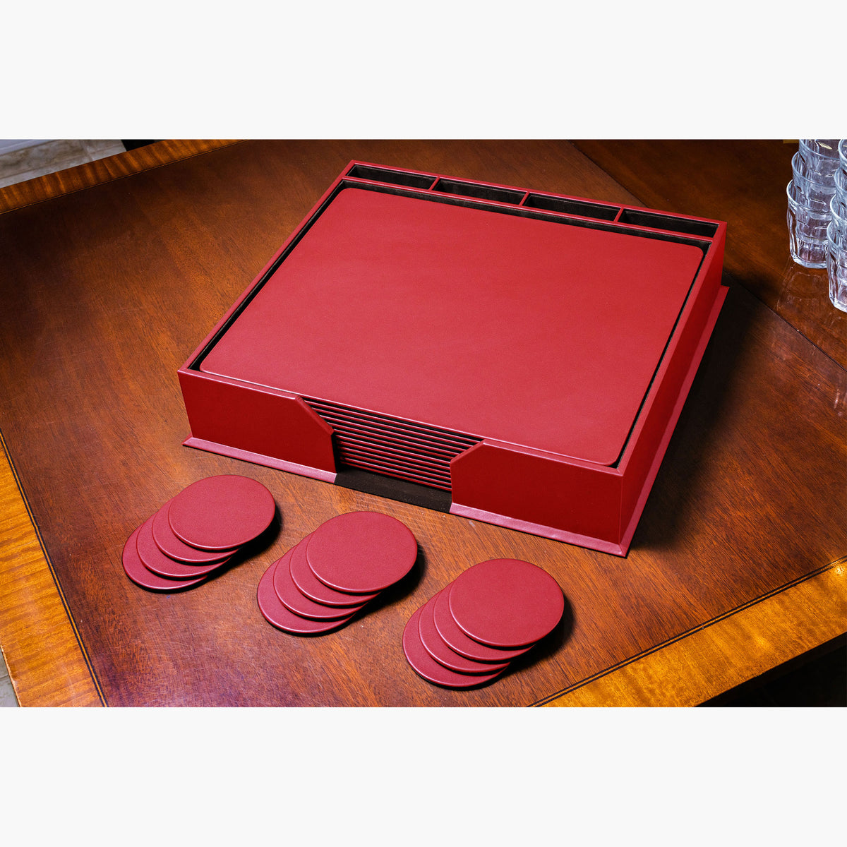 12 Seat Red Leatherette Conference Room Set w/ Round Coasters, 17 x 14 Size Pads