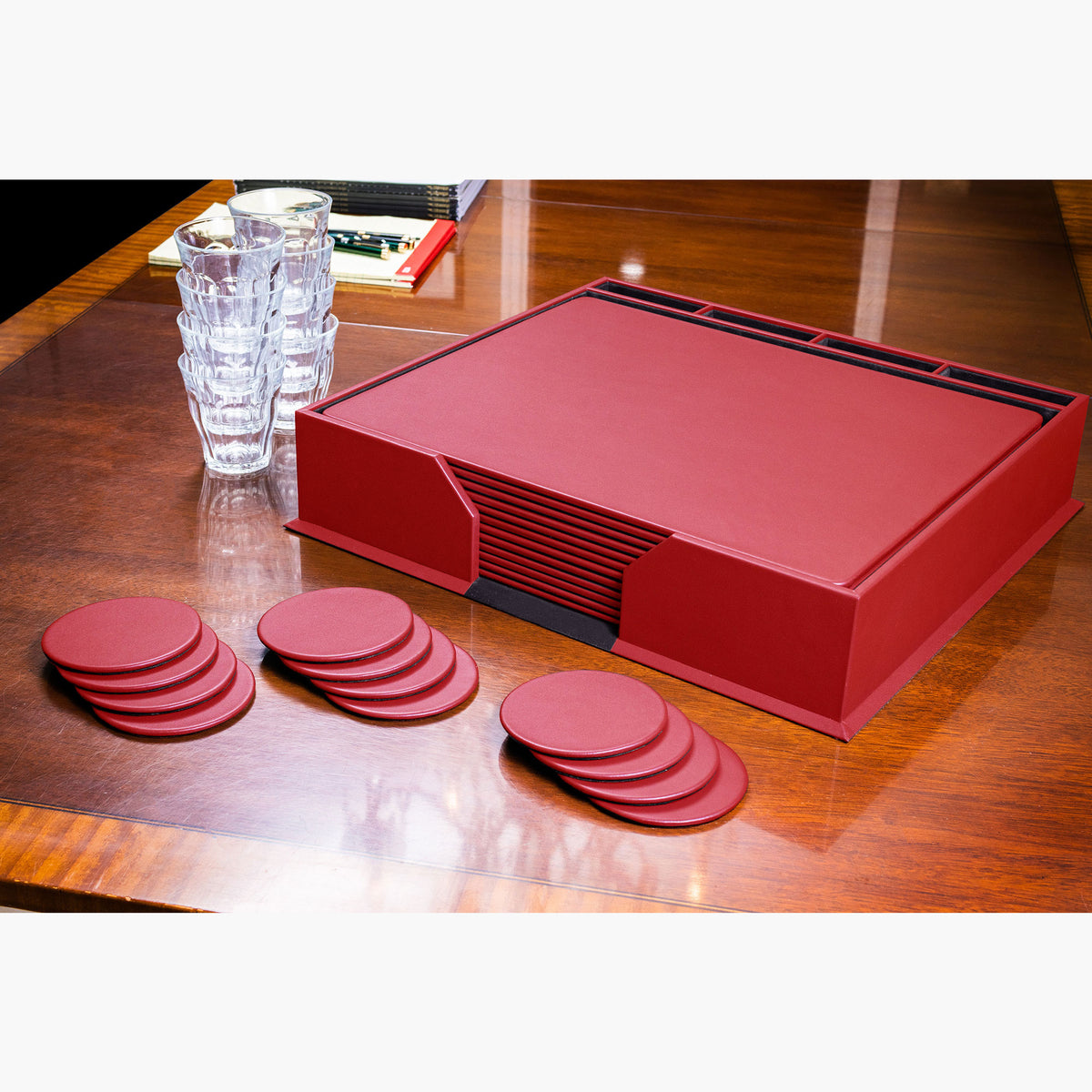 12 Seat Red Leather Conference Room Set w/ Round Coasters, 17 x 14 Size Pads