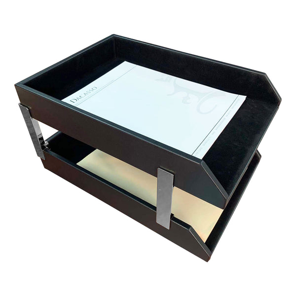 Classic Black Leather Double Legal Trays with Silver Posts
