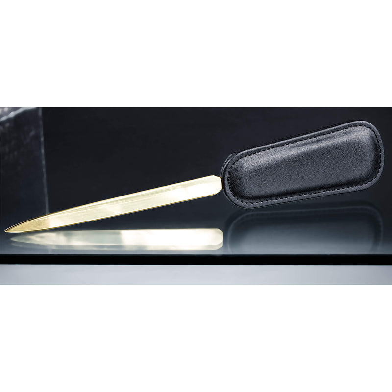 Classic Black Leather Letter Opener with Gold Accents