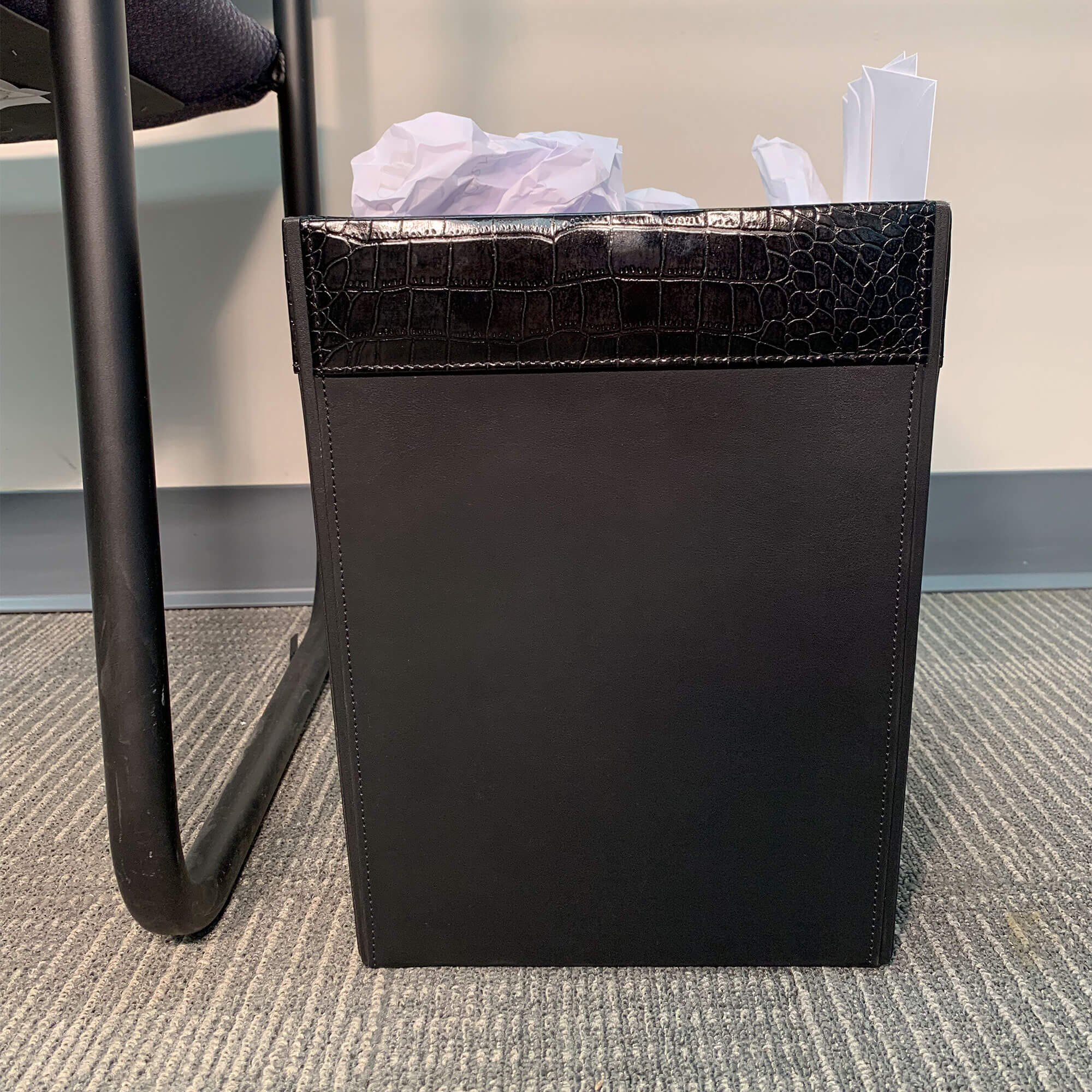 Black Crocodile Embossed Leather Waste Basket, 14 Qt