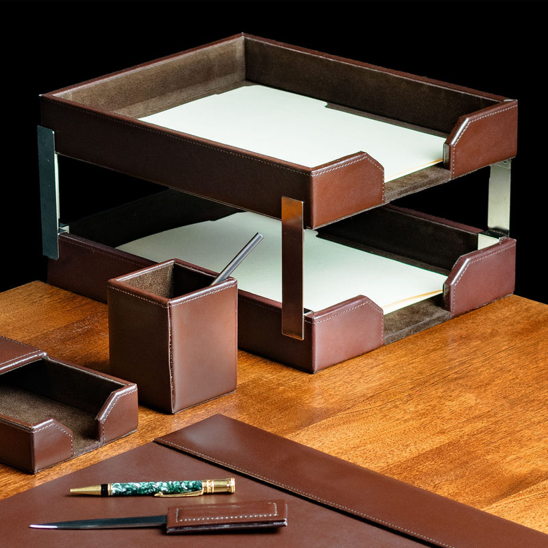 Dark Brown Bonded Leather Double Letter Trays