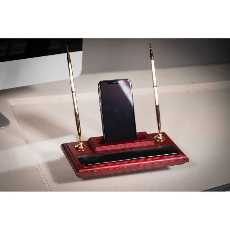Mahogany (Rosewood) & Black Leather Pen Stand with Cell Phone Holder