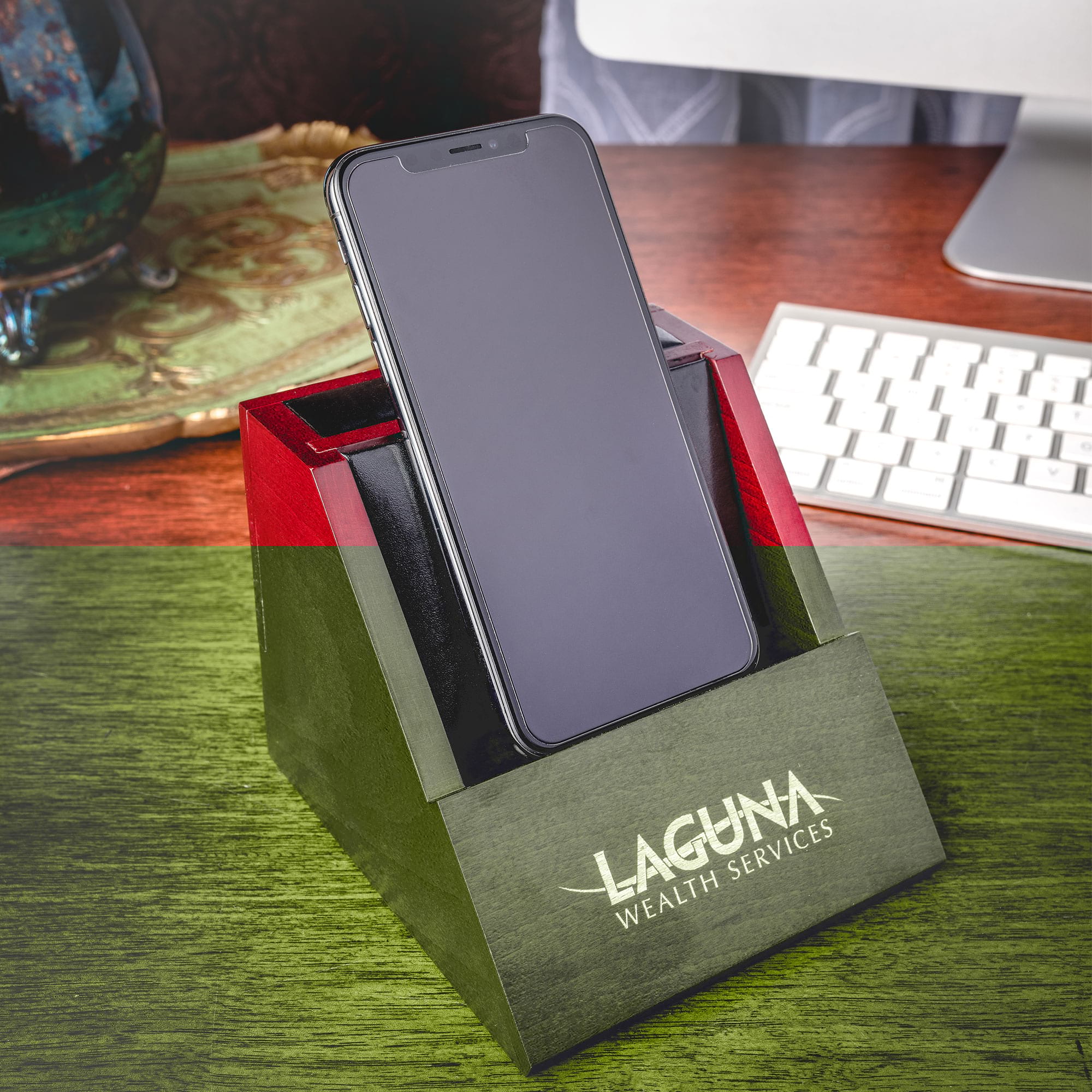 Mahogany (Rosewood) & Black Leather Desktop Cell Phone Holder
