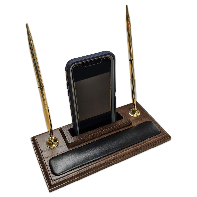 Walnut and Leather Double Pen Stand with Cell Phone Holder
